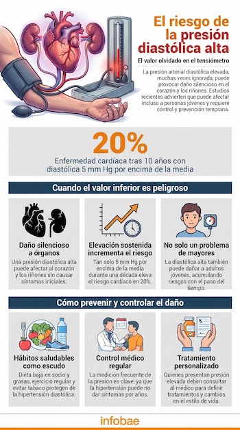 Infografía muestra brazo con tensiómetro, corazón y riñones, con texto que explica el riesgo de la presión diastólica alta y su prevención.