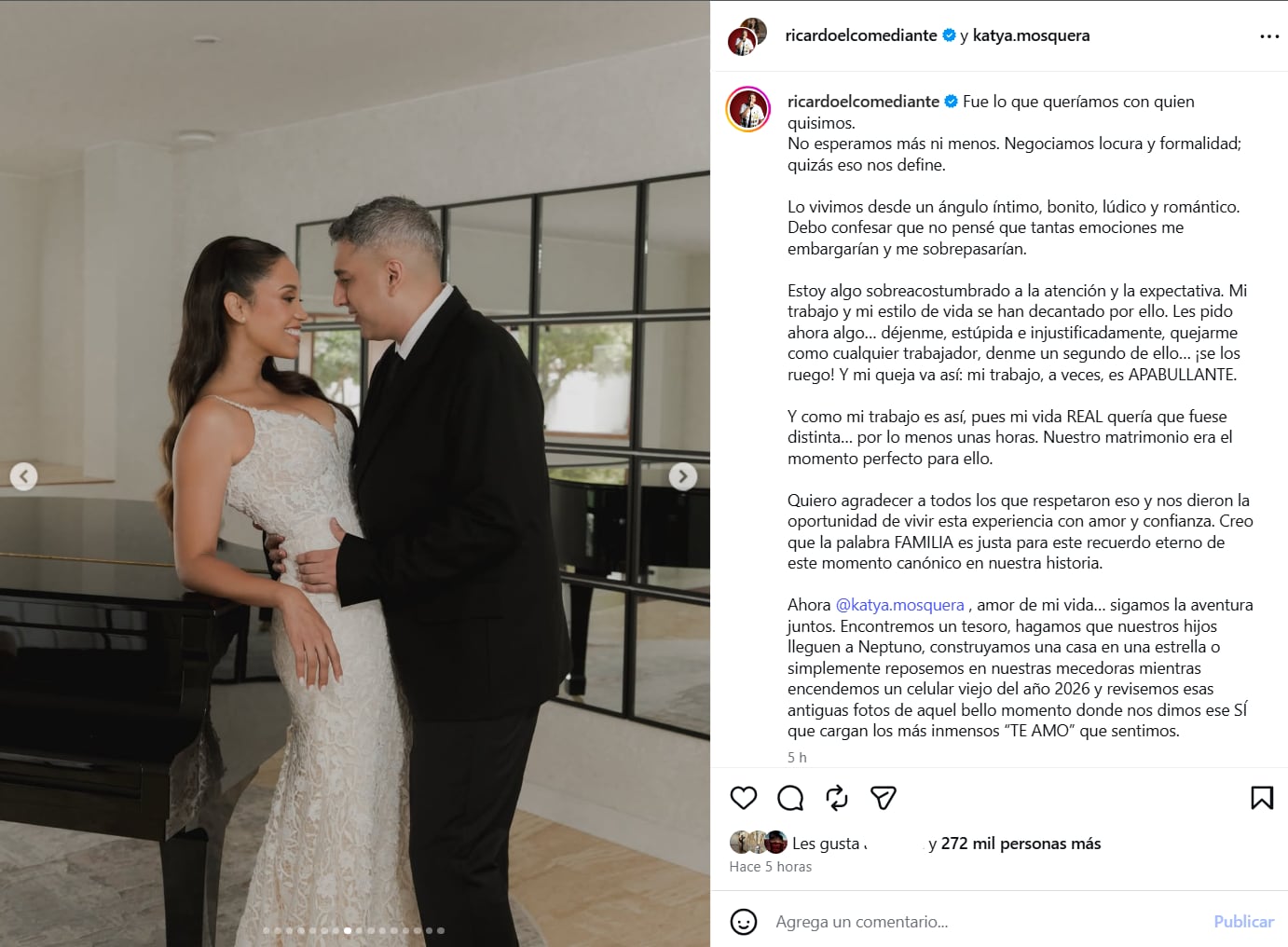 Ricardo Mendoza afirmó que su matrimonio con Katya Mosquera fue