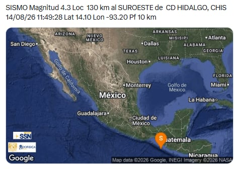 Sismo de 4.3 en Ciudad Hidalgo, Chiapas. (X/ @SismologicoMX)