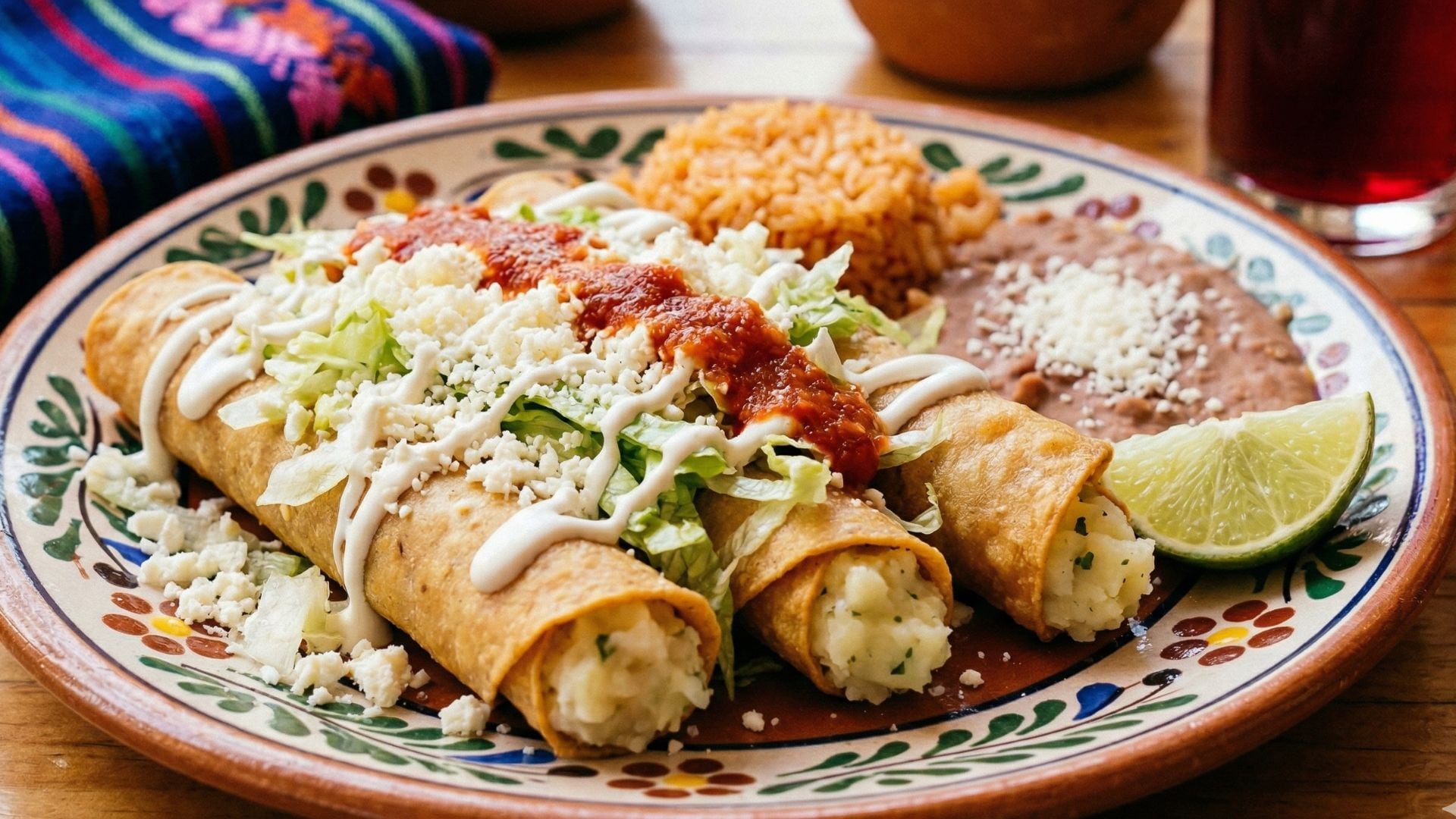 Estos taquitos de papa, dorados y crujientes, se sirven generosamente cubiertos con lechuga, queso desmoronado, salsa roja y crema, acompañados de arroz, frijoles refritos y una rodaja de lima. (Gemini)
