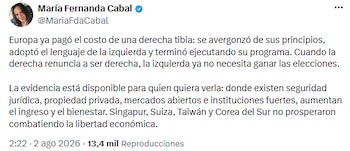 María Fernanda Cabal criticó la renuncia ideológica y resaltó prosperidad en países con libertad económica - crédito @MariaFdaCabal/X