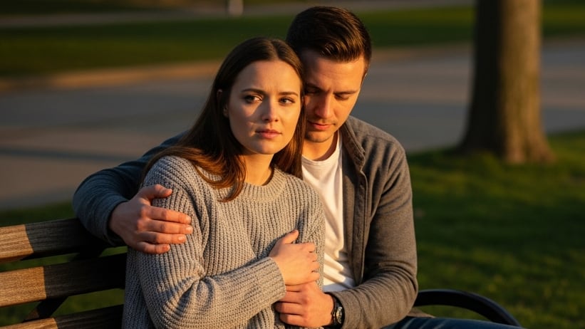 Una mujer visiblemente ansiosa recibe el consuelo de su pareja mientras se sientan en un banco de parque bajo la luz del atardecer. (Imagen Ilustrativa Infobae)