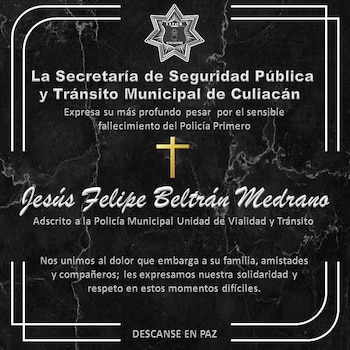 La víctima tenía 43 años, llevaba 20 años de servicio dentro de la corporación y grado de Policía Primero. (Crédito: Secretaría de Seguridad Pública y Tránsito Municipal de Culiacán)