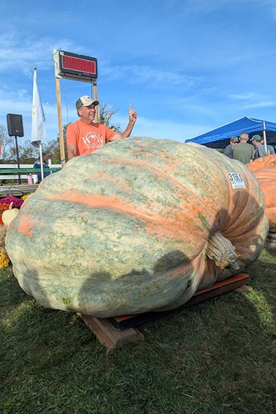 La calabaza gigante de Ron Wallace fue inspeccionada por los jueces antes del pesaje oficial que confirmó su récord mundial (Crédito: Guiness World Records)