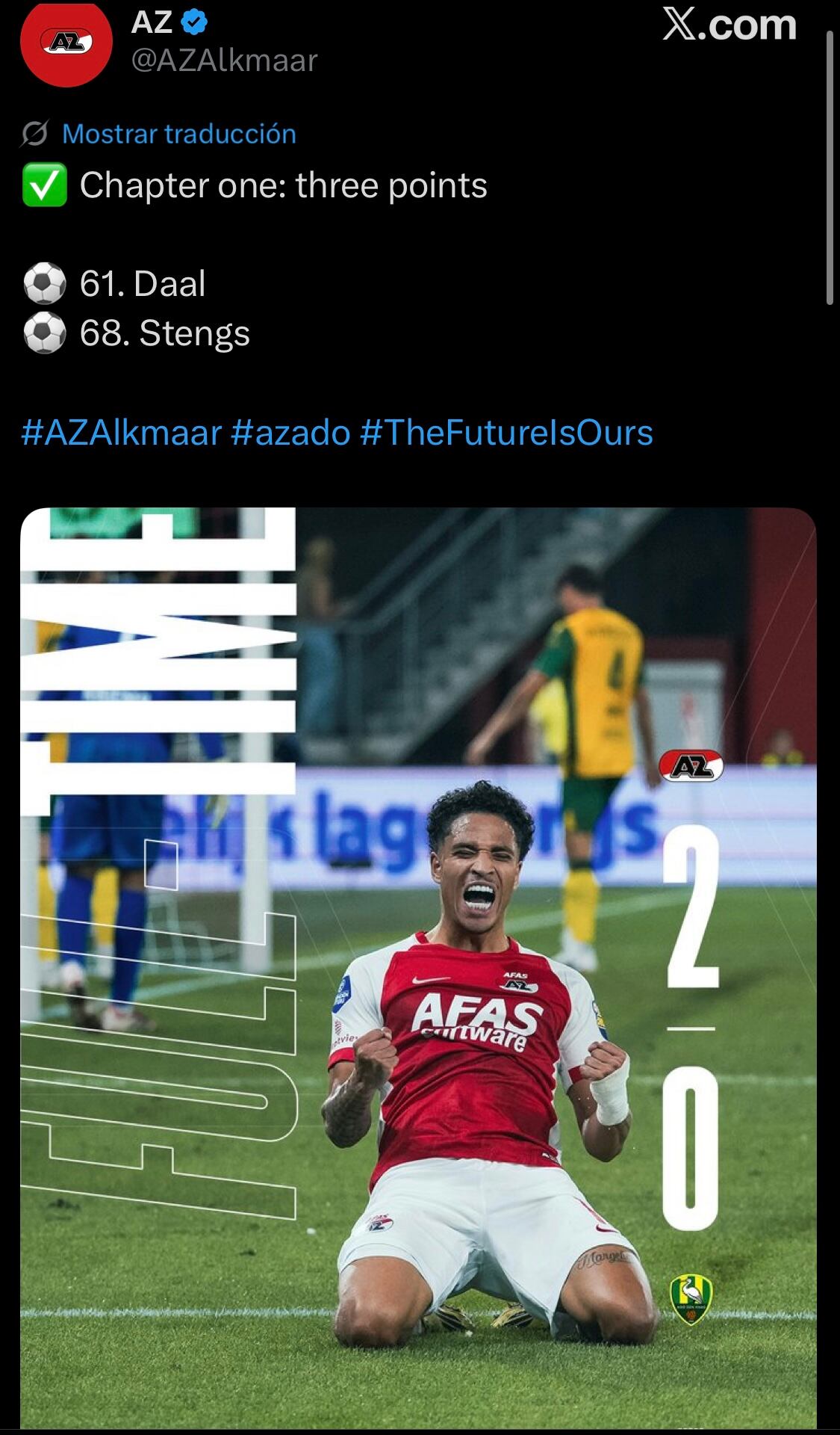Mateo Chávez inició la Eredivisie 2026-27 como titular con el AZ Alkmaar y participó en la victoria 2-0 sobre el ADO Den Haag. (X/ @AZAlkmaar)