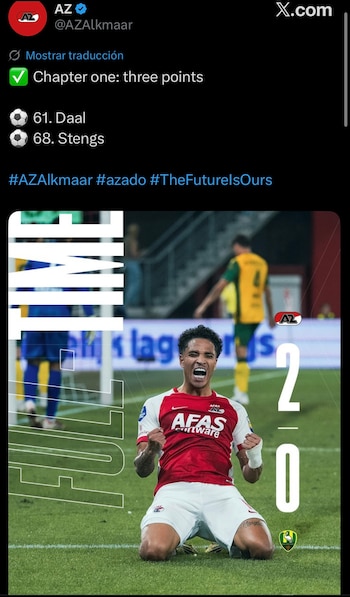 Mateo Chávez inició la Eredivisie 2026-27 como titular con el AZ Alkmaar y participó en la victoria 2-0 sobre el ADO Den Haag. (X/ @AZAlkmaar)