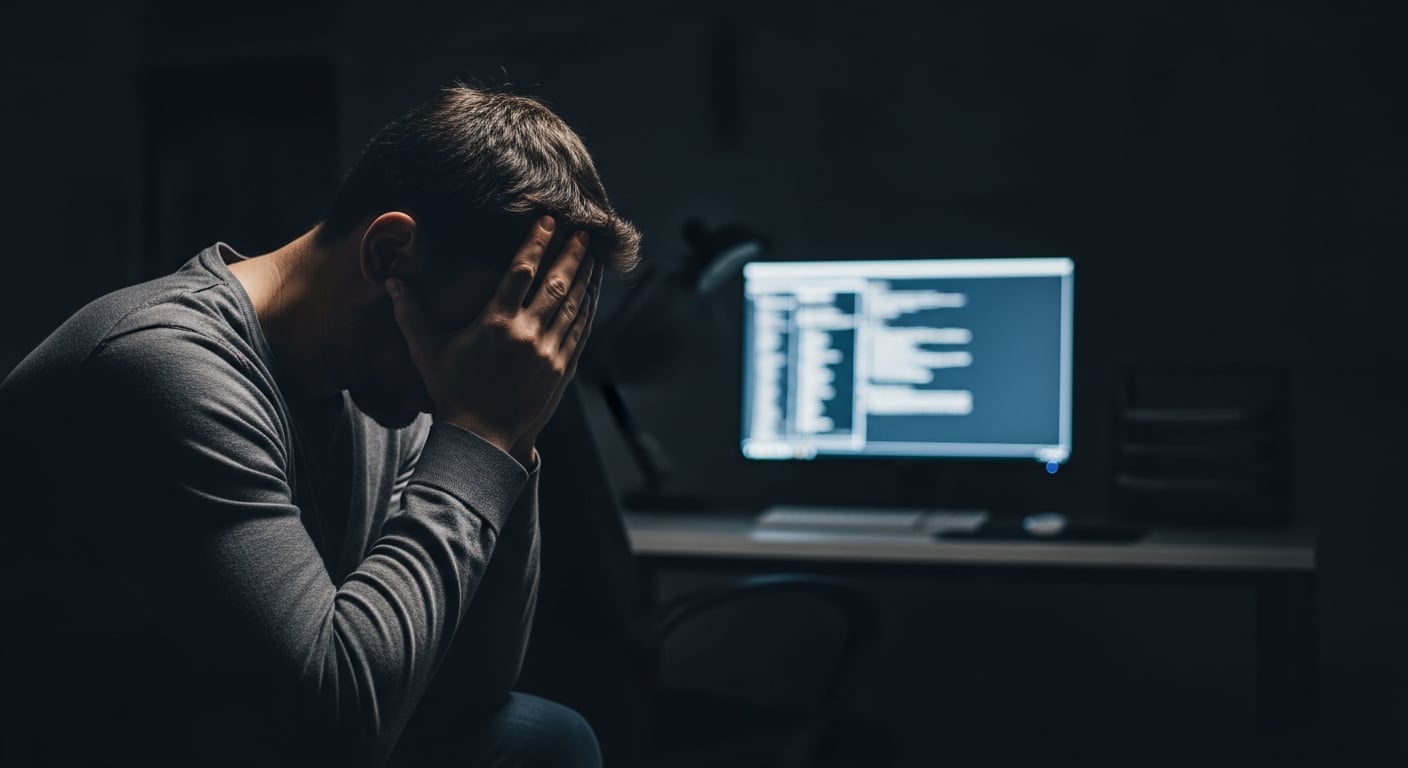 Un hombre se cubre el rostro con las manos, visiblemente estresado, mientras trabaja frente a una computadora encendida en una habitación oscura por la noche. (Imagen Ilustrativa Infobae)