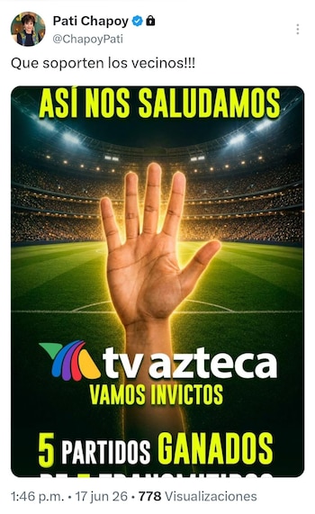 Una imagen con una mano abierta mostrando cinco dedos, frente a un estadio de fútbol. Incluye los textos "tv azteca VAMOS INVICTOS" y "5 PARTIDOS GANADOS"