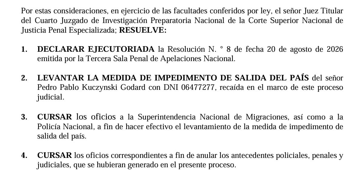 El Cuarto Juzgado de Investigación Preparatoria Nacional dispone levantar la medida de impedimento de salida del país impuesta al expresidente peruano Pedro Pablo Kuczynski.