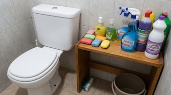 Un inodoro blanco en un baño con azulejos, junto a un estante de madera que muestra jabones en barra de colores, jabones líquidos y varias botellas de limpiadores.