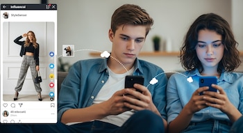 Dos adolescentes enfocados en sus móviles. A la izquierda, una pantalla de app con una influencer de moda. Nubes y líneas indican conexión de contenido.