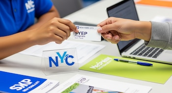Dos manos intercambian una credencial del Programa SYEP de Nueva York. Sobre una mesa hay una placa con el logo NYC, folletos, un bolígrafo y una computadora portátil.