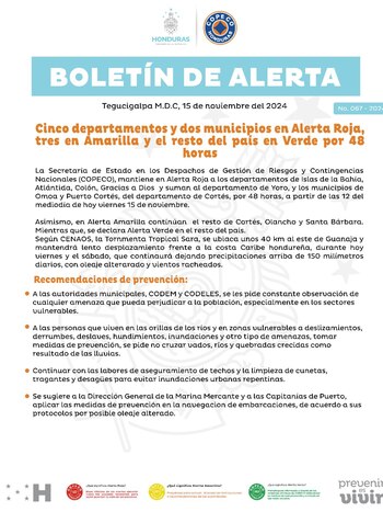 Comunicado de la Secretaría de Gestión de Riesgos y Contingencias de Honduras. (X / @copecogob)