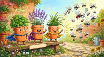 Ilustración de tres macetas animadas con plantas de albahaca, lavanda y otra planta verde, usando capas de superhéroe y repeliendo mosquitos en un jardín