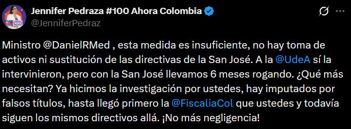 Jennifer Pedraza pidió la intervención directa de la institución y la remoción de sus directivas. - crédito @JenniferPedraz/X