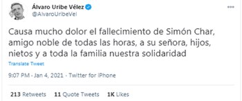 Expresidente Álvaro Uribe envió condolencias