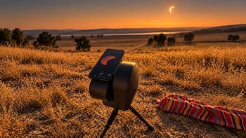 Un dispositivo astronómico con un teléfono inteligente sobre un trípode en un pastizal seco, con un eclipse solar en el cielo