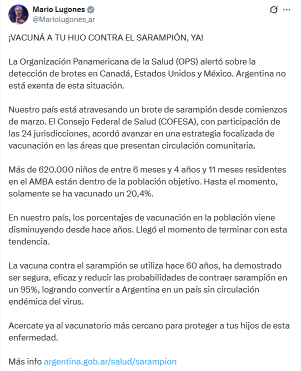 El ministro de Salud Mario Lugones llamó a incrementar los porcentajes de vacunación