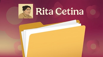 Ilustración de Rita Cetina en un recuadro crema, junto a su nombre. Una carpeta amarilla abierta con documentos blancos asoma desde abajo, sobre un fondo degradado.