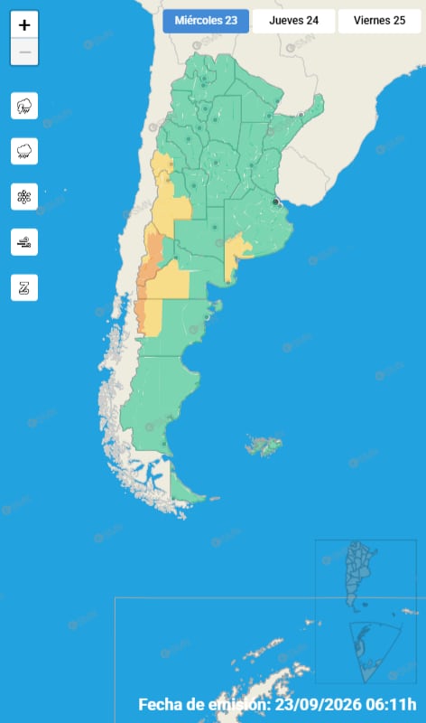 Un mapa del Servicio Meteorológico Nacional señala alertas de nivel amarillo y naranja en la región cordillerana de Argentina.