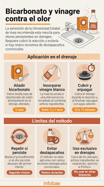Infografía sobre el uso de bicarbonato y vinagre blanco en drenajes, dividida en instrucciones de aplicación y límites del método.