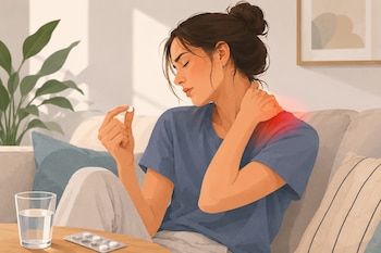Mujer sentada en sofá sujeta una pastilla, con la mano en el cuello. Sobre la mesa hay un vaso de agua y un blíster de medicamentos