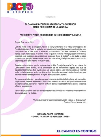 Comunicado Pacto Histórico sobre escándalo