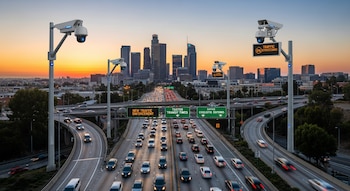 Vista aérea de una autopista congestionada en Los Ángeles al atardecer, con rascacielos al fondo y varias cámaras de tránsito modernas montadas en postes.