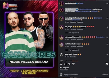 J Balvin, Ryan Castro y DJ Snake ganaron en la categoría Mejor Mezcla Urbana gracias a su canción “Tonto” .