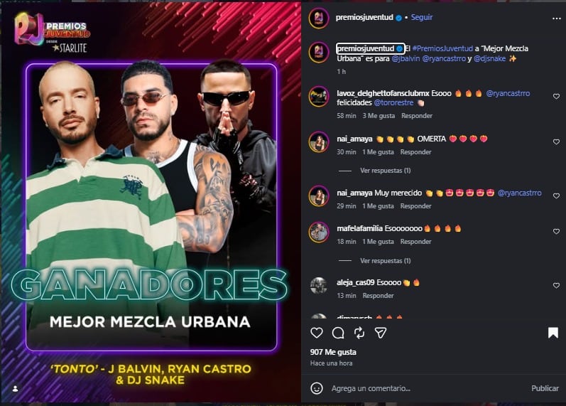 J Balvin, Ryan Castro y DJ Snake ganaron en la categoría Mejor Mezcla Urbana gracias a su canción “Tonto” .