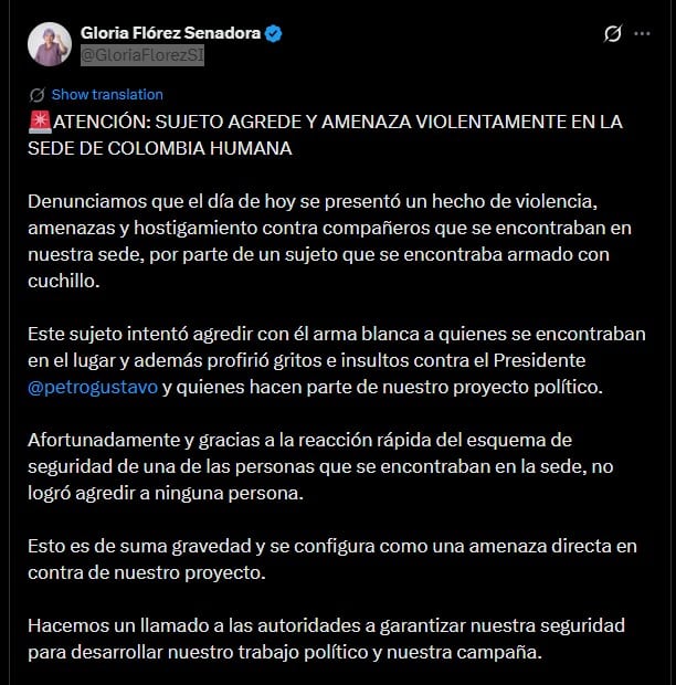 Un hombre armado ingresó a la sede de Colombia Humana en Bogotá y amenazó al personal con una navaja - crédito @GloriaFlorezSI/X