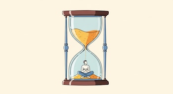 Ilustración plana de un gran reloj de arena con arena amarilla cayendo lentamente. En la parte inferior, una figura humana se sienta en calma con las piernas cruzadas. Fondo crema.