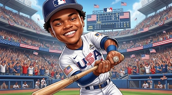 Caricatura de beisbolista con gorra y uniforme "USA", sonriendo y sosteniendo un bate, en un estadio lleno de público, banderas de Estados Unidos y marcador.
