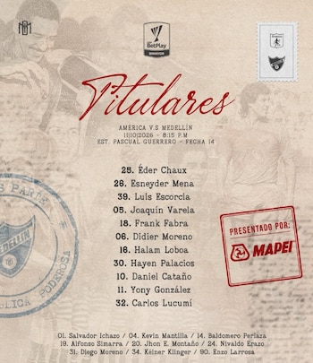 El once titular del Deportivo Independiente Medellín para enfrentar a América de Cali en la fecha 14 de la Liga BetPlay 2026-II - crédito @dimoficialcom/Instagram