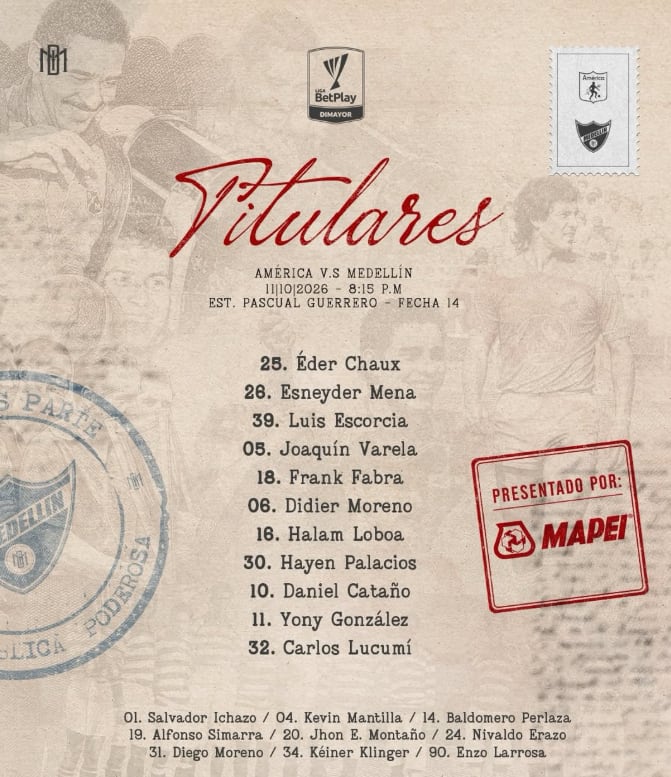 El once titular del Deportivo Independiente Medellín para enfrentar a América de Cali en la fecha 14 de la Liga BetPlay 2026-II - crédito @dimoficialcom/Instagram