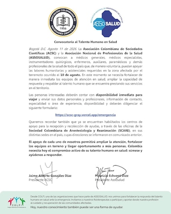 Este es el llamado a profesionales de la salud a la ayuda en la emergencia que se vive en el occidente del país - crédito colfi.co/Instagram - acefit.colombia/Instagra,