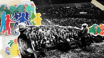 Collage que muestra siluetas de músicos en un escenario ante una gran audiencia, superpuestas con recortes coloridos de siluetas infantiles y dibujos de un convivio escolar.