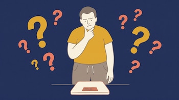 Ilustración de una persona con la mano en la barbilla frente a una báscula digital, rodeada por signos de interrogación sobre fondo azul.
