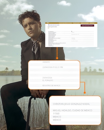 Christian Nodal, vestido con traje oscuro y pañuelo, mira a la izquierda. Su imagen se superpone con ventanas de datos de registro de marca "El Forajido"