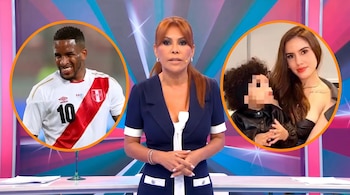 Magaly Medina en un estudio de televisión con dos círculos flotantes que contienen a Jefferson Farfán y a una mujer junto a un menor.
