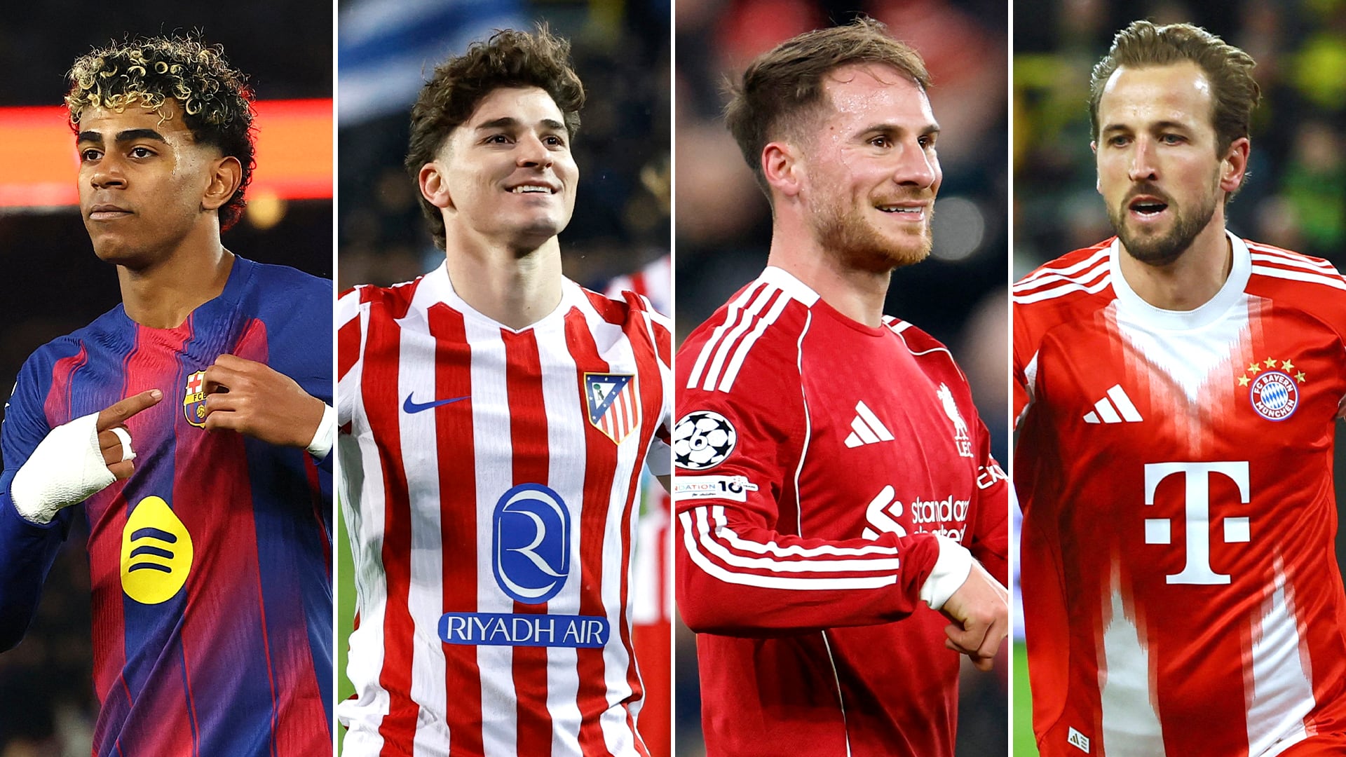 Lamine Yamal, Julián Álvarez, Alexis Mac Allister y Harry Kane, figuras destacadas de sus equipos, se preparan para una jornada clave en la UEFA Champions League.