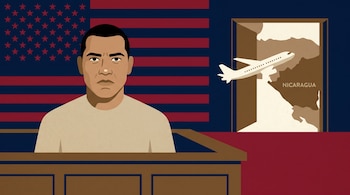 Ilustración de un hombre nicaragüense con camisa beige en un banquillo de acusado, frente a una bandera de Estados Unidos y un avión volando hacia Nicaragua.