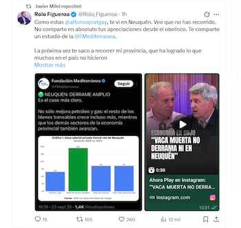 El gobernador de Neuquén cruzó a Alfonso Prat Gay y Javier Milei lo compartió en sus redes sociales