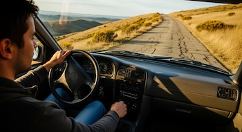 Interior de un automóvil con un hombre al volante y su mano en la palanca de cambios, vista frontal de la carretera y colinas con hierba seca.