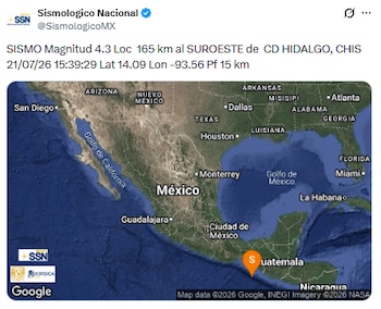 Sismo de magnitud 4.3 en Ciudad Hidalgo Chiapas este 21 de julio. (X/ @SismologicoMX)
