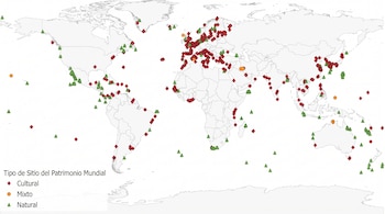 Mapa del mundo con marcadores que representan Sitios del Patrimonio Mundial: rombos rojos para Cultural, círculos naranjas para Mixto y triángulos verdes para Natural.