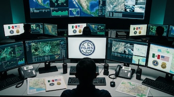 Sala de control con múltiples pantallas, mapas, gráficos, logos FGJES, FBI y DEA, banderas de México y Estados Unidos, teclados, ratones, radios, teléfonos.