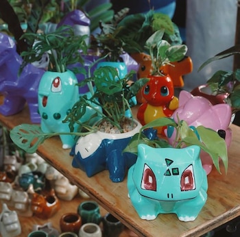 Macetas de cerámica de varios colores con formas de criaturas fantásticas que contienen plantas sobre un estante de madera
