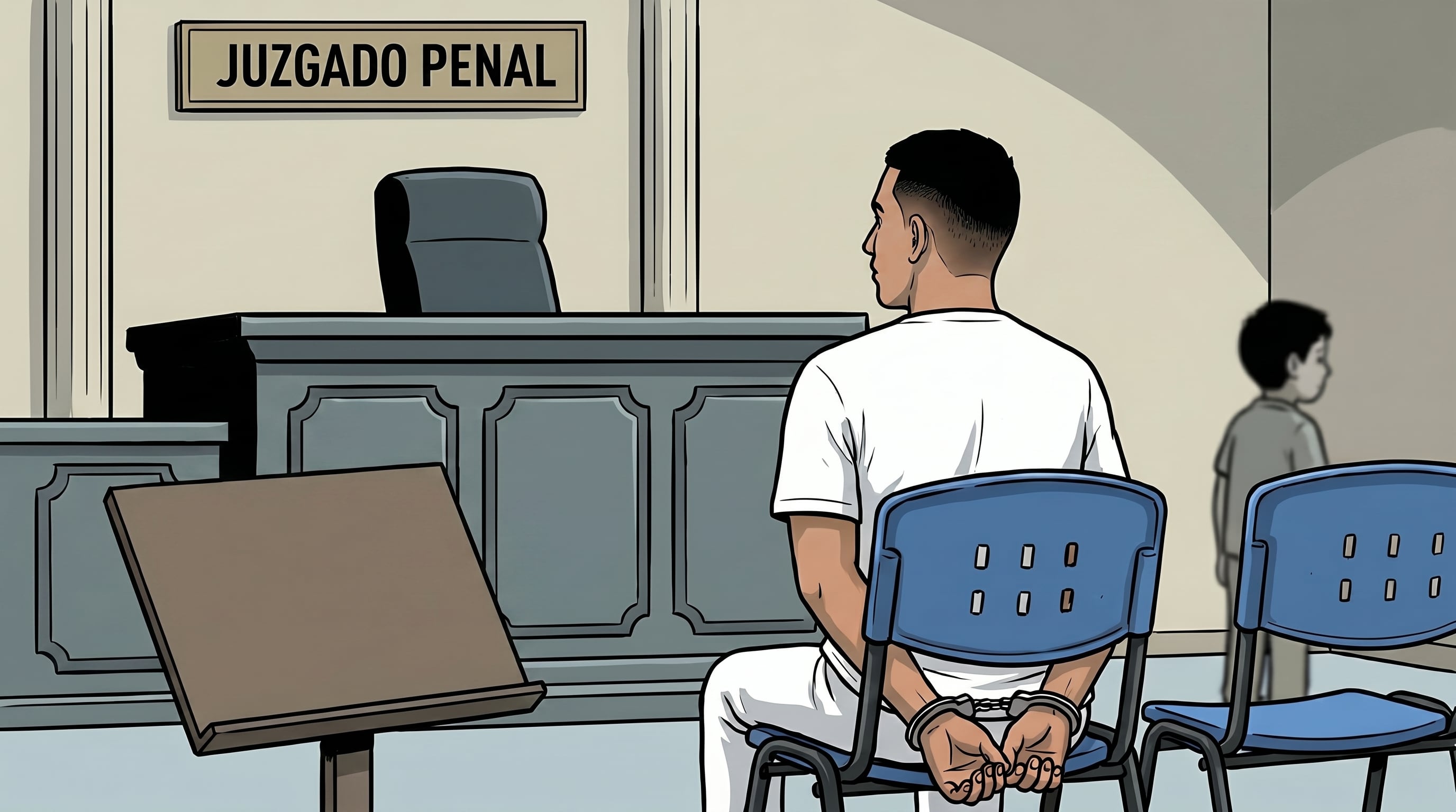 Un hombre esposado se sienta en una sala de tribunal durante un juicio penal, con un letrero que indica