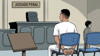 Un hombre esposado, vestido de blanco, sentado de espaldas en una silla azul en una sala de tribunal. Se ve un letrero "JUZGADO PENAL".